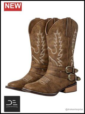 Extra Wide Calf Cowgirl Boots - Mid-Calf Square Toe PU Leather Western Boots